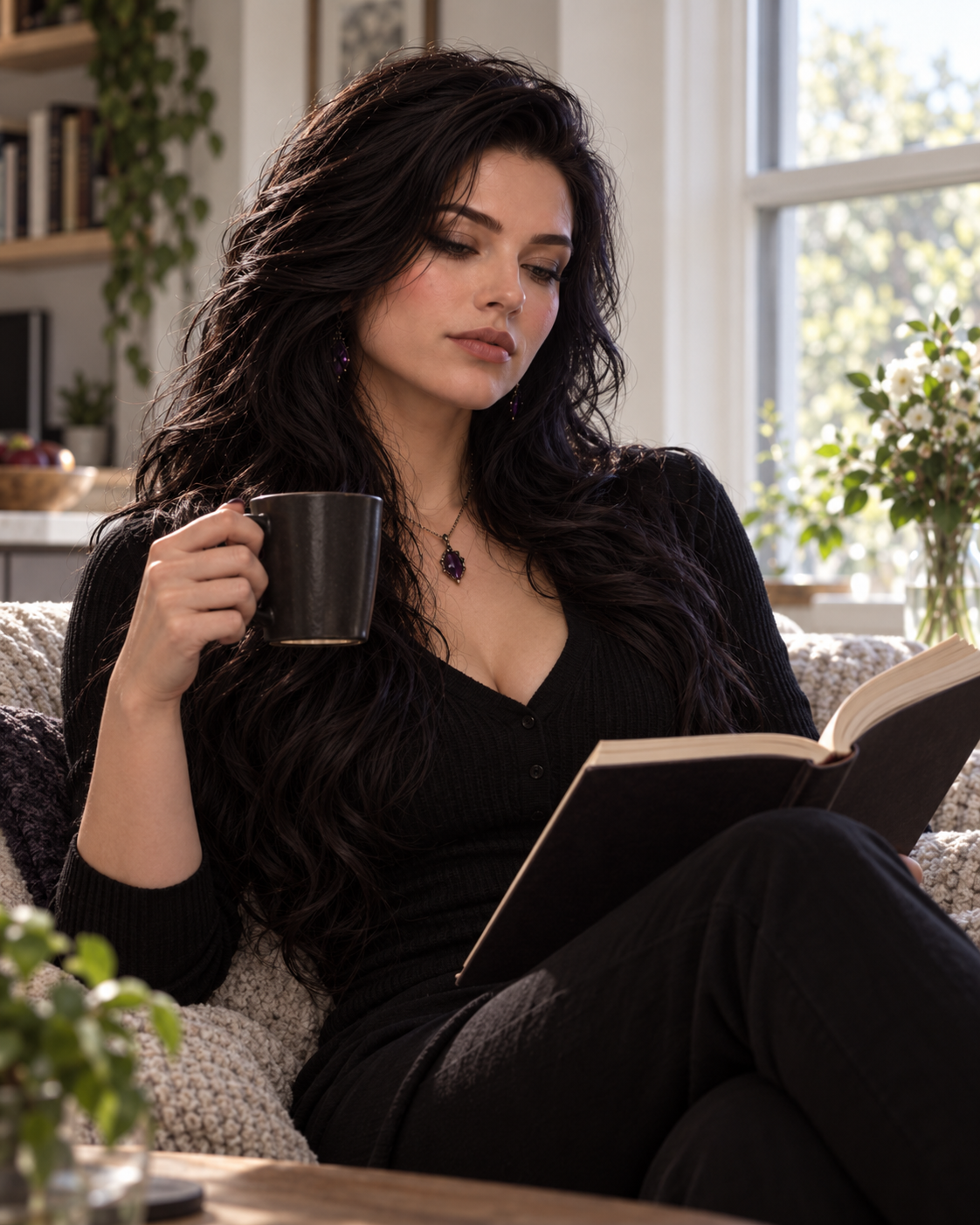 Daylight digital portrait of Velvet reading in a relaxed, candid setting.